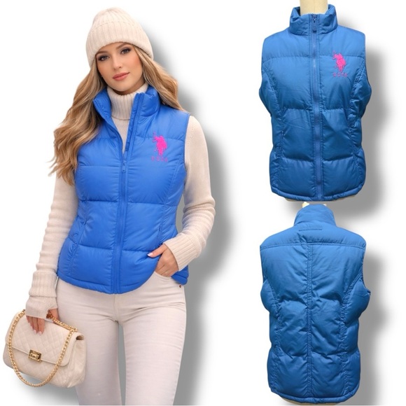 U.S. Polo Assn. Jackets & Blazers - 470 U.S. Polo Assn.| EUC Women’s Blue Pink Logo Thick Puffer Vest (Size L)